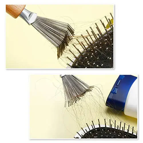 Boao Hair Brush Cleaner, 2 Pieces Mini Hair Dirt Remover Brush with Metal Wire Rake, Wooden Handle for Home and Salon Use(Handle with Groove) - 4