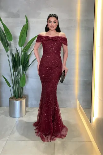 Boat Neck Beaded Fabric Evening Dress - BURGUNDY - 1