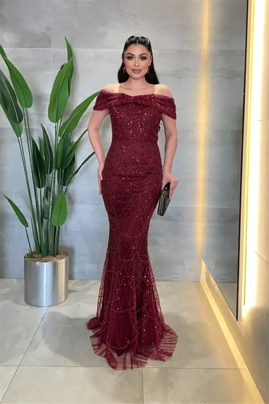 Boat Neck Beaded Fabric Evening Dress - BURGUNDY - 1