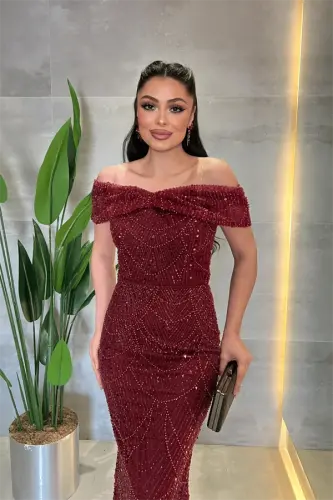 Boat Neck Beaded Fabric Evening Dress - BURGUNDY - BÜYÜKBEDENIZ (1)