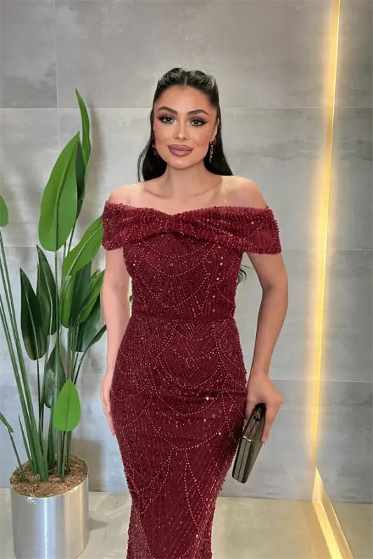 Boat Neck Beaded Fabric Evening Dress - BURGUNDY - 2