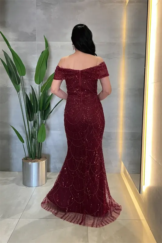 Boat Neck Beaded Fabric Evening Dress - BURGUNDY - 4