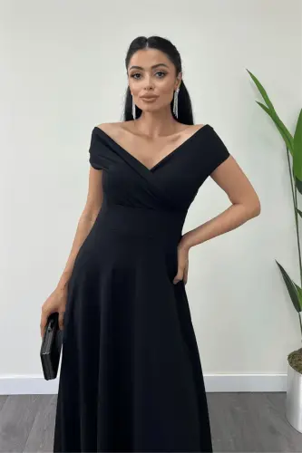 Boat Neck Flared Dress - Black - 3