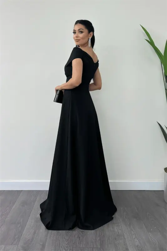 Boat Neck Flared Dress - Black - 5
