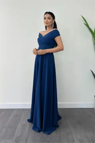 Boat Neck Flared Dress - Indigo - 1