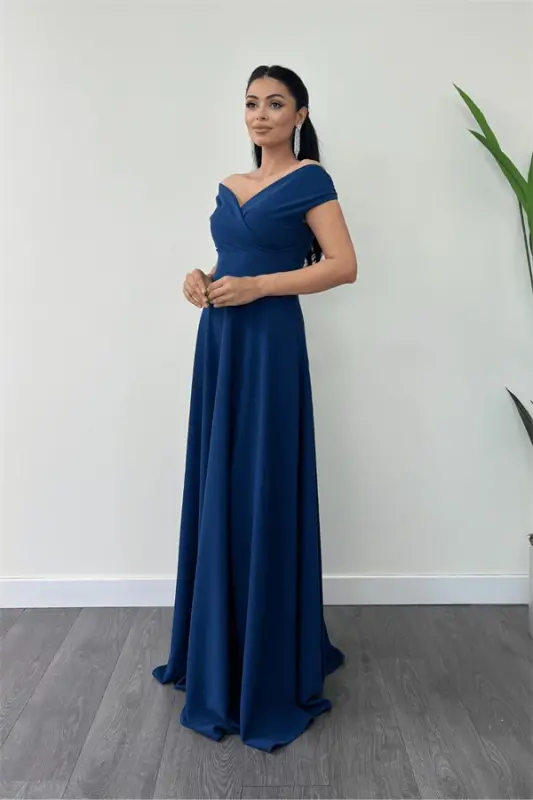 Boat Neck Flared Dress - Indigo - 1