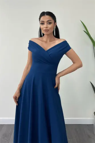 Boat Neck Flared Dress - Indigo - 3