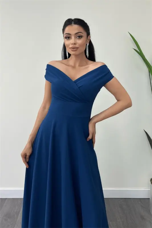 Boat Neck Flared Dress - Indigo - 3