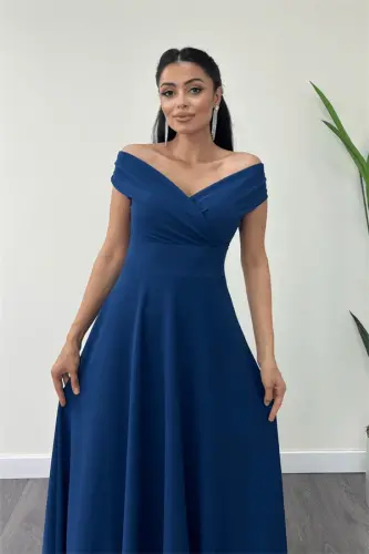 Boat Neck Flared Dress - Indigo - 4