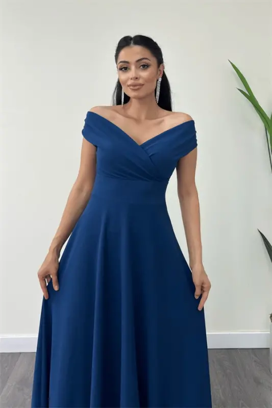 Boat Neck Flared Dress - Indigo - 4