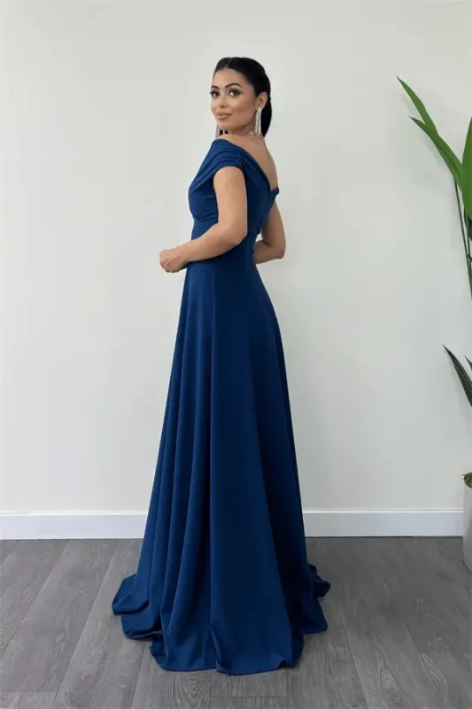 Boat Neck Flared Dress - Indigo - 5