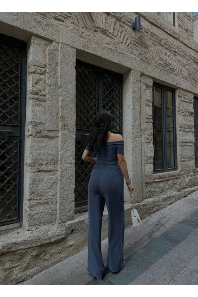 Boat Neck Gathered Blouse Pants Set-INDIGO - 8