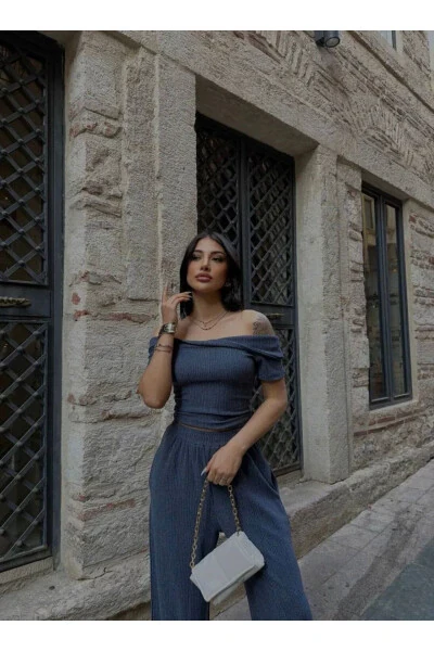 Boat Neck Gathered Blouse Pants Set-INDIGO - 3