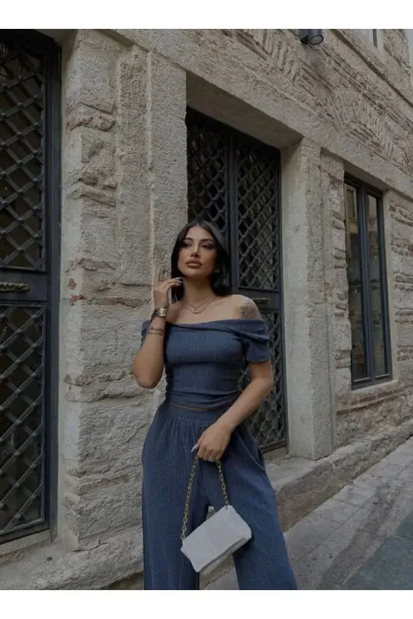 Boat Neck Gathered Blouse Pants Set-INDIGO - 3