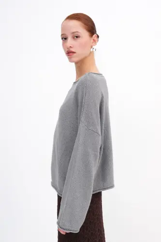 Boat Neck Knitted Sweater K10237-A5-Gray - 4