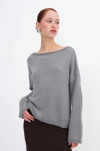 Boat Neck Knitted Sweater K10237-A5-Gray - 5