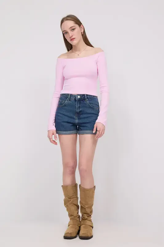 Boat Neck Long Sleeve Crop Top B1593-S8-PINK - ADDAX