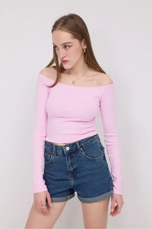 Boat Neck Long Sleeve Crop Top B1593-S8-PINK - 3