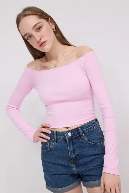 Boat Neck Long Sleeve Crop Top B1593-S8-PINK - 4