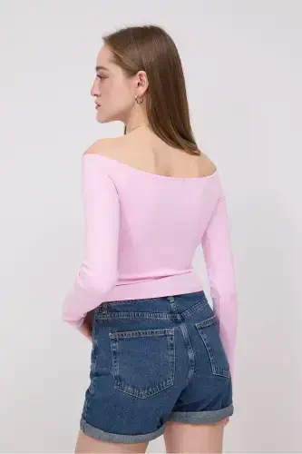Boat Neck Long Sleeve Crop Top B1593-S8-PINK - 5