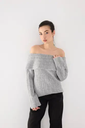 Boat Neck Long Sleeve Knitted Sweater K040-C5-Gray - 1