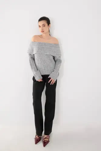 Boat Neck Long Sleeve Knitted Sweater K040-C5-Gray - ADDAX (1)