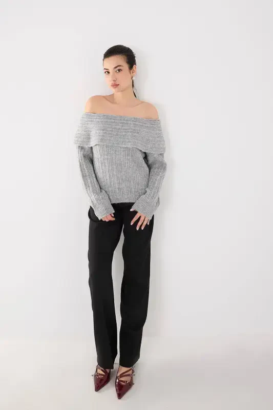 Boat Neck Long Sleeve Knitted Sweater K040-C5-Gray - 2
