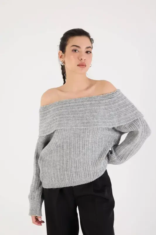 Boat Neck Long Sleeve Knitted Sweater K040-C5-Gray - 4