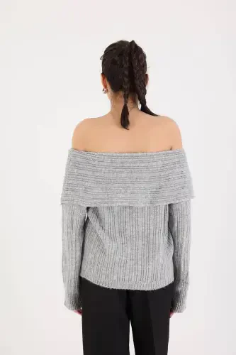 Boat Neck Long Sleeve Knitted Sweater K040-C5-Gray - 5