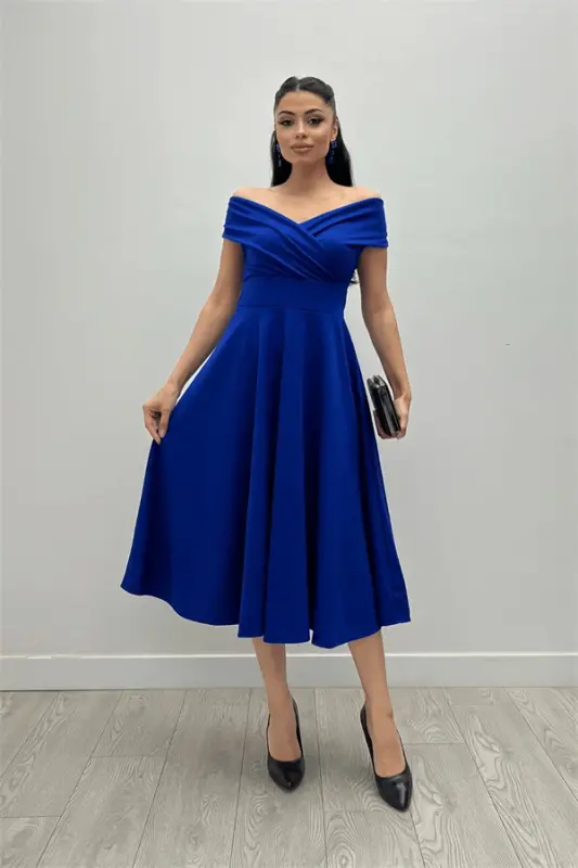 Boat Neck Midi Dress - Sax - BÜYÜKBEDENIZ