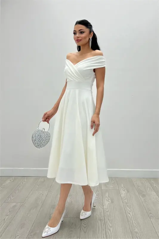 Boat Neck Midi Dress - WHITE - 3