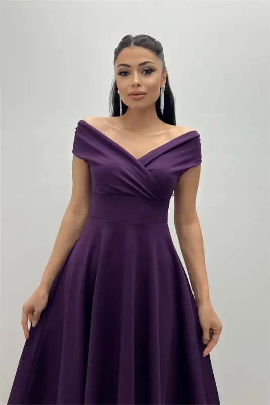 Boat Neck Midi Dress with Ruffle Skirt - Purple KL07 - 3