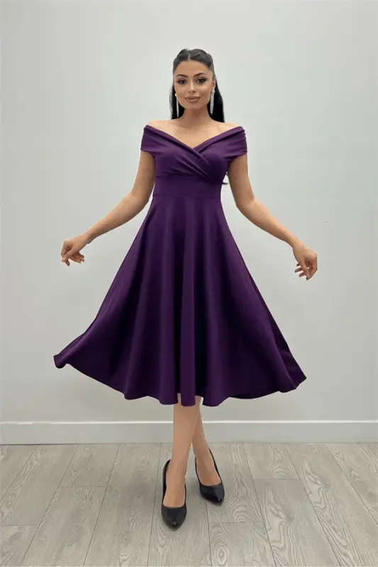 Boat Neck Midi Dress with Ruffle Skirt - Purple KL07 - 4