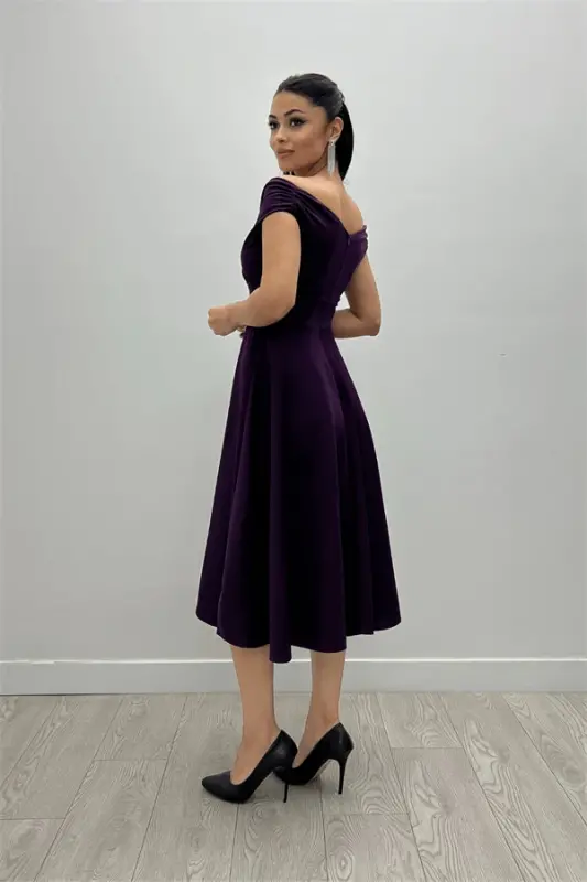 Boat Neck Midi Dress with Ruffle Skirt - Purple KL07 - 5