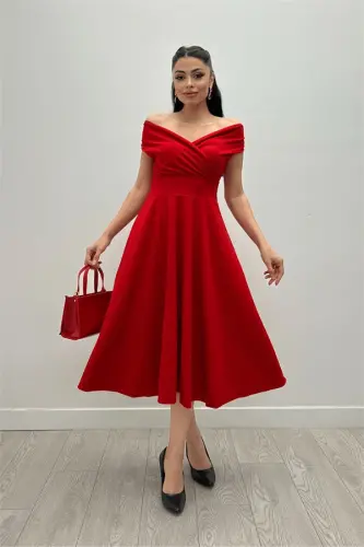 Boat Neck Midi Dress with Ruffle Skirt - Red KL07 - 1