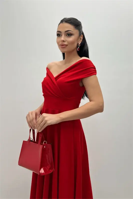 Boat Neck Midi Dress with Ruffle Skirt - Red KL07 - 2