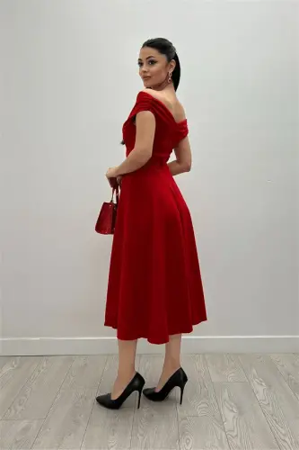 Boat Neck Midi Dress with Ruffle Skirt - Red KL07 - 5