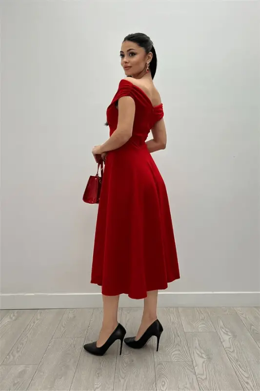 Boat Neck Midi Dress with Ruffle Skirt - Red KL07 - 5