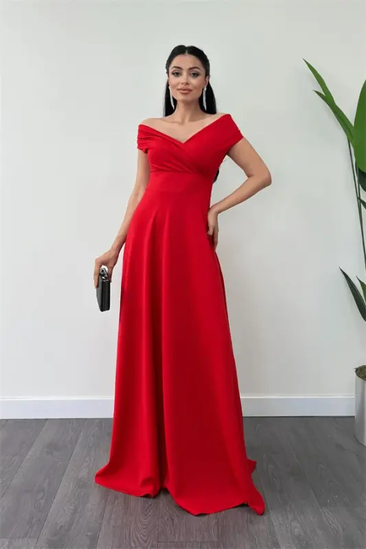 Boat Neck Oversized Dress - Red - 2