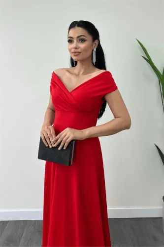 Boat Neck Oversized Dress - Red - 4