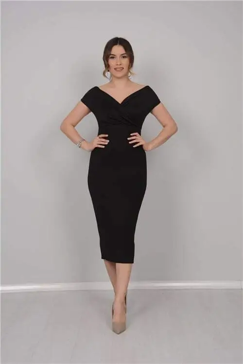 Boat Neck Pencil Dress - Black - BÜYÜKBEDENIZ