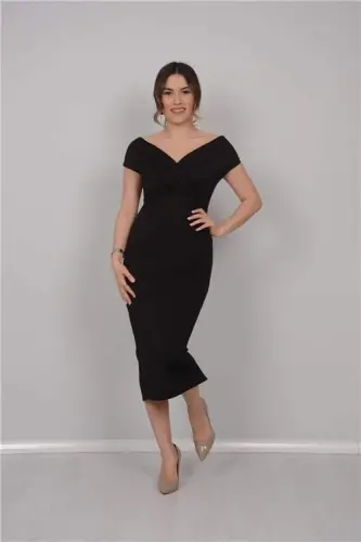 Boat Neck Pencil Dress - Black - 3
