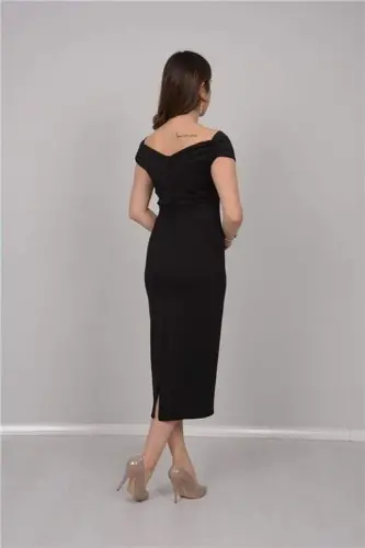 Boat Neck Pencil Dress - Black - 4