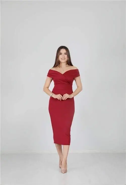 Boat Neck Pencil Dress - Maroon - 1