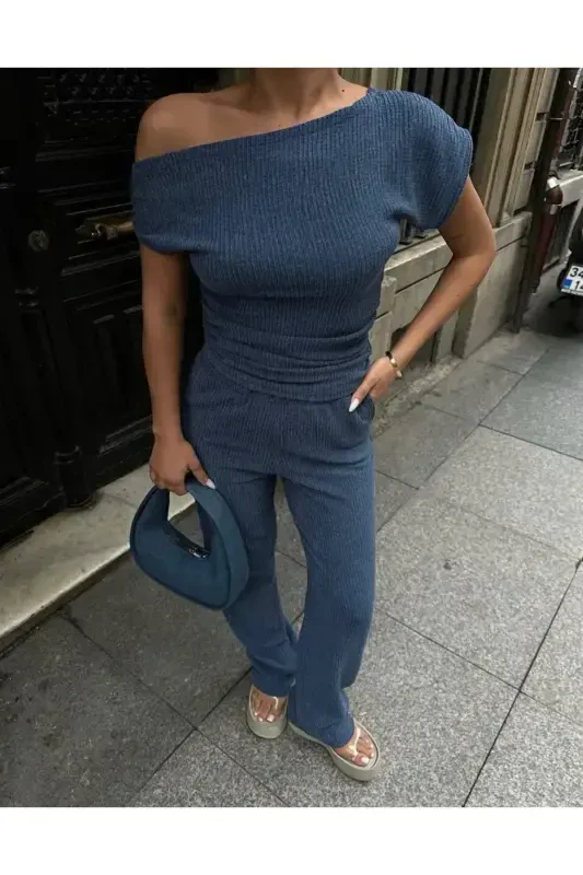 Boat Neck Ruched Blouse Pants Set-BLUE - Modazone