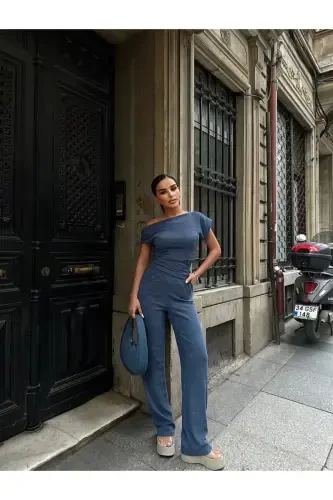 Boat Neck Ruched Blouse Pants Set-BLUE - 3