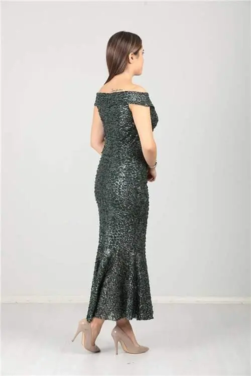 Boat Neck Sequin Dress with Ruffle Detail and Flounced Skirt - Emerald - 2