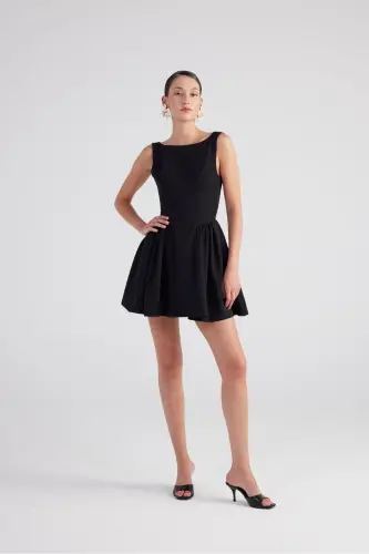 Boat Neck Skirt Flared Mini Alena Dress Black - 1