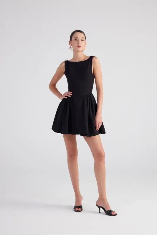 Boat Neck Skirt Flared Mini Alena Dress Black - HOLLY LOLLY