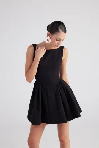 Boat Neck Skirt Flared Mini Alena Dress Black - 3
